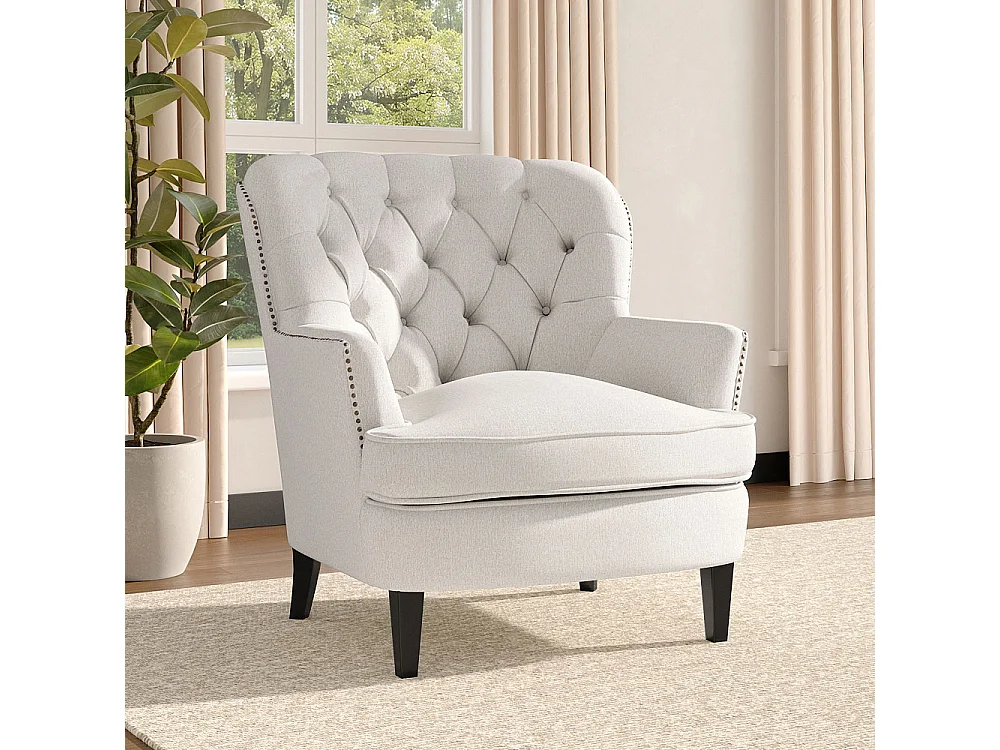 Beige Linen Button Back Armchair with Studded Trim & Cushion