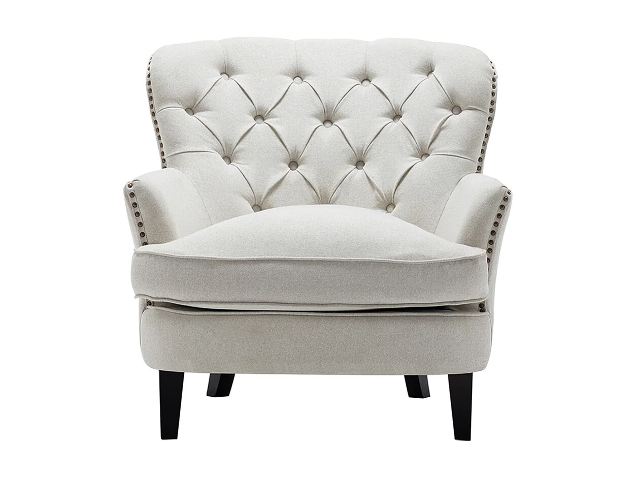 Beige Linen Button Back Armchair with Studded Trim & Cushion