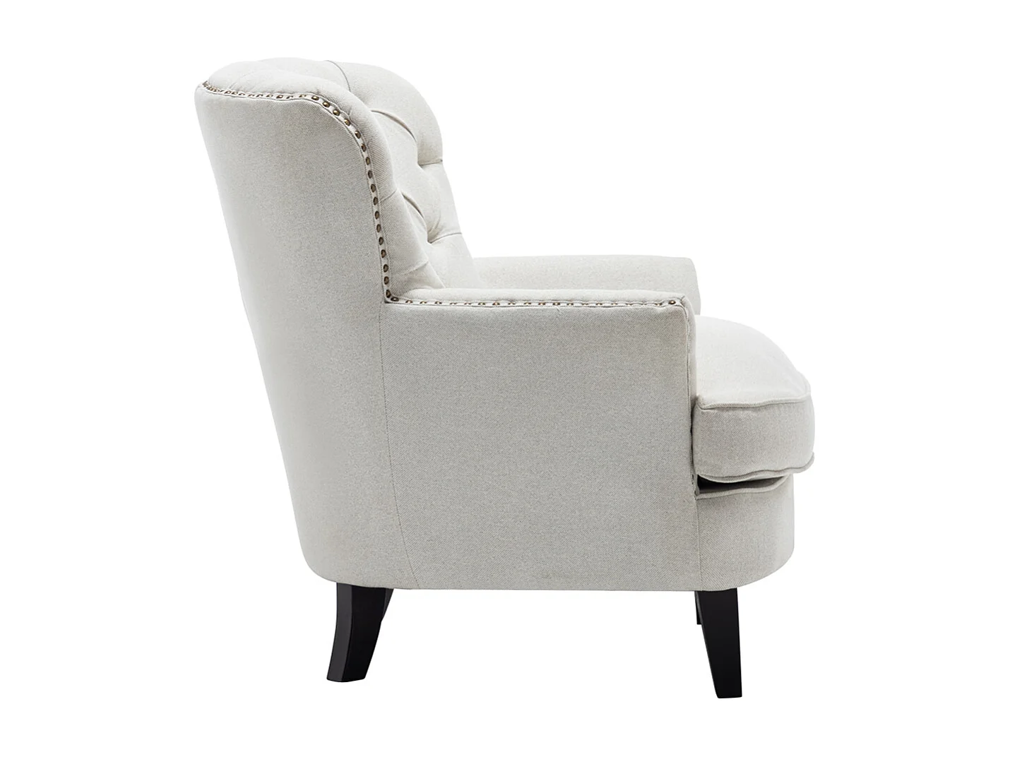 Beige Linen Button Back Armchair with Studded Trim & Cushion