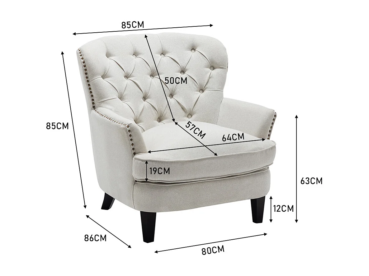 Beige Linen Button Back Armchair with Studded Trim & Cushion