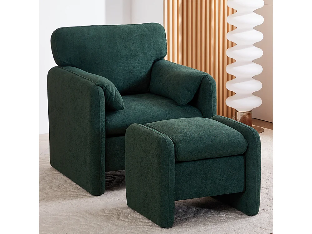 Modern Chenille Upholstered Sofa Chair with Footstool - Green