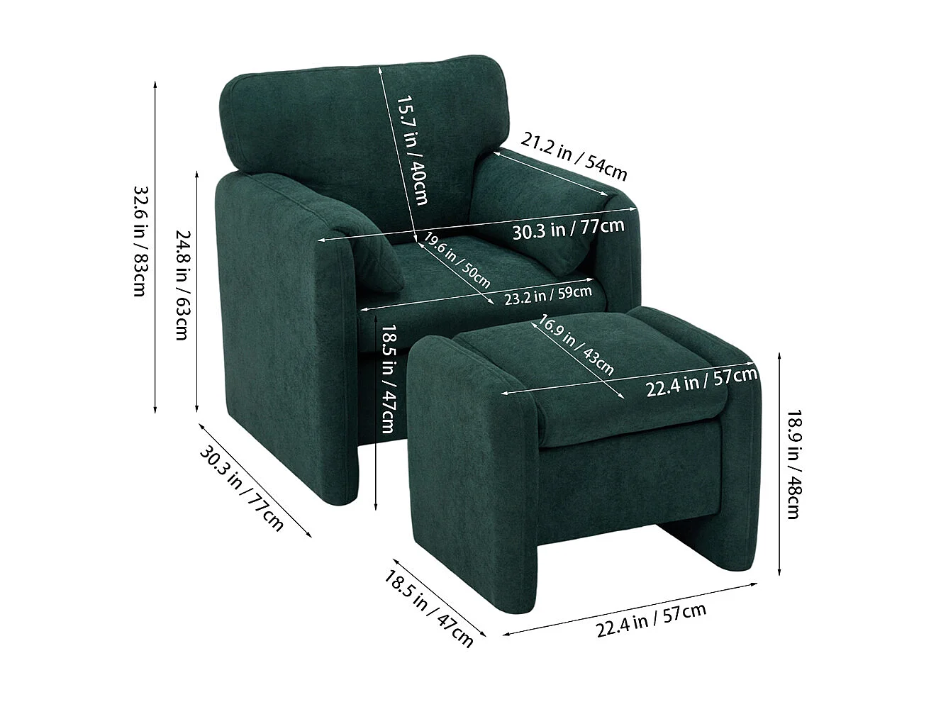 Modern Chenille Upholstered Sofa Chair with Footstool - Green