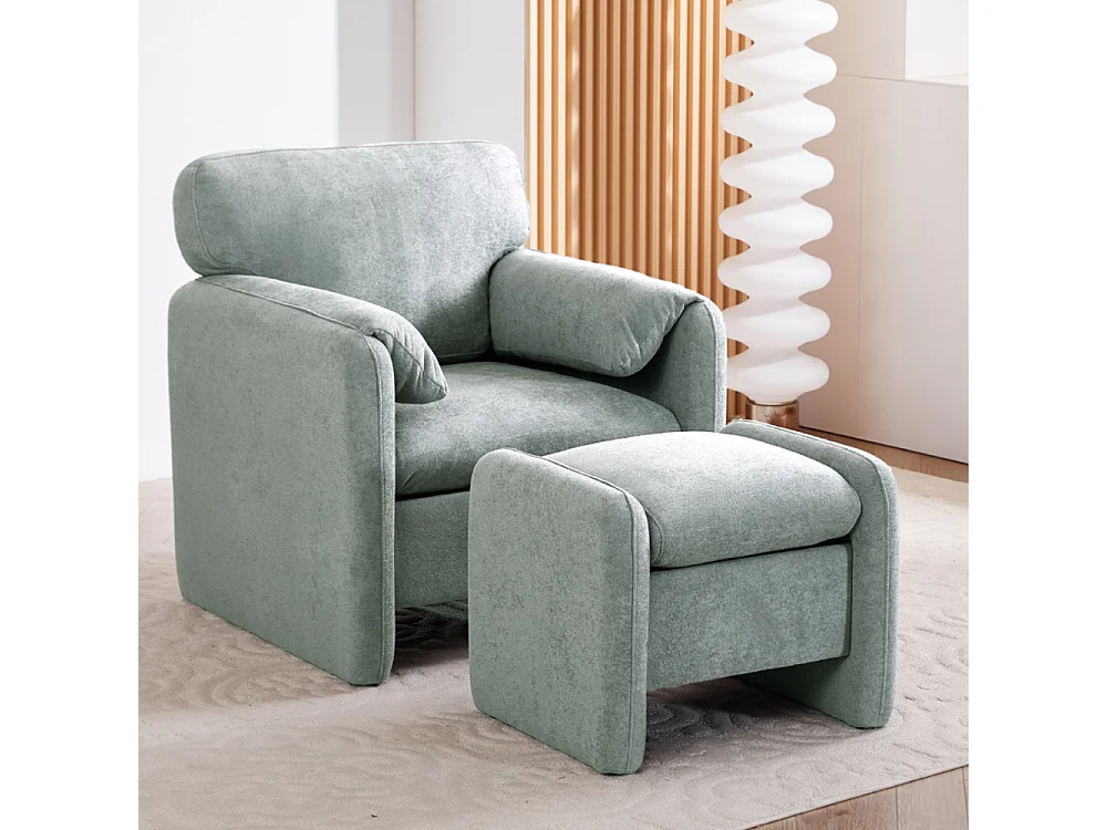 Modern Chenille Upholstered Sofa Chair with Footstool - Grey