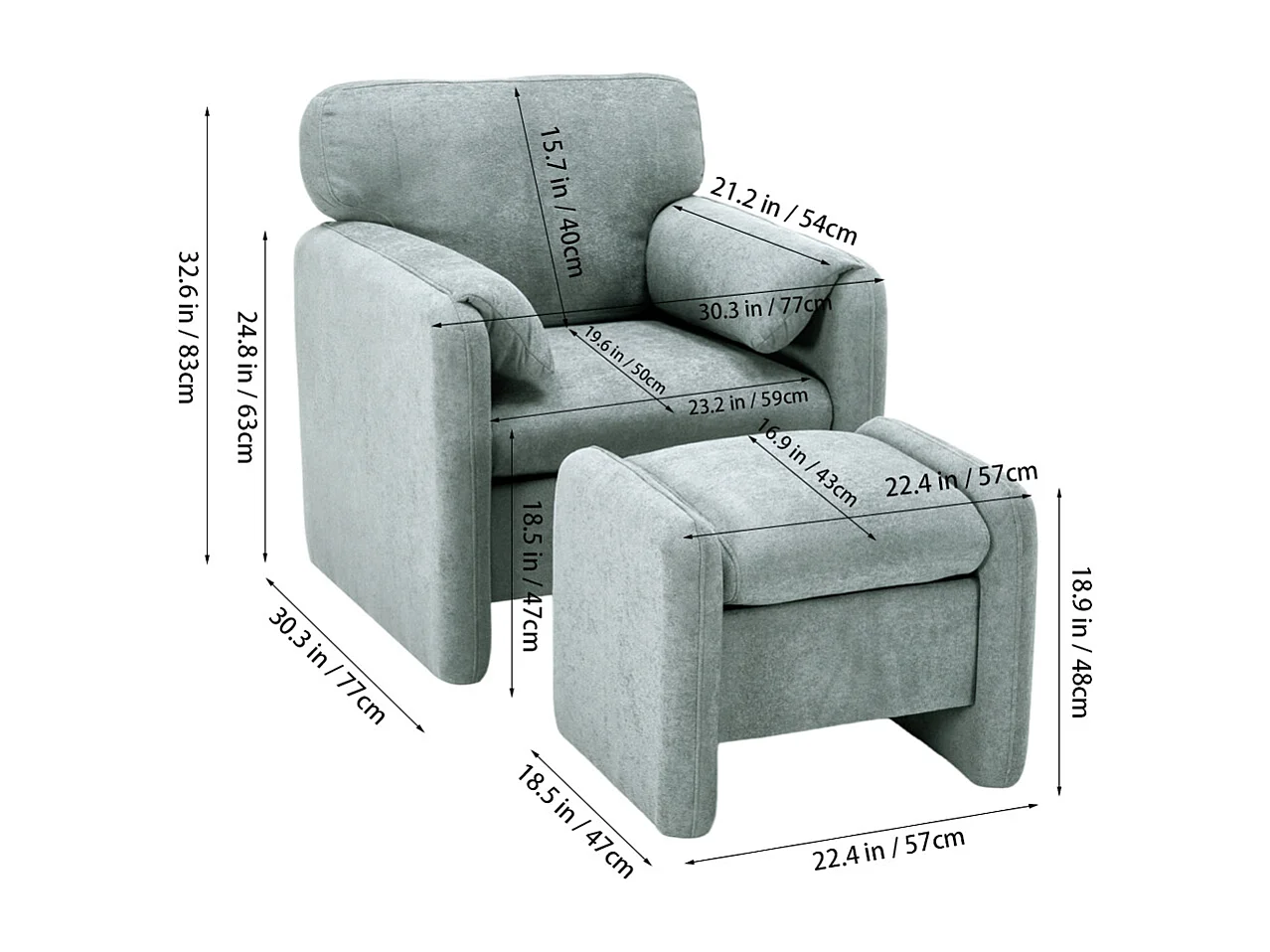 Modern Chenille Upholstered Sofa Chair with Footstool - Grey