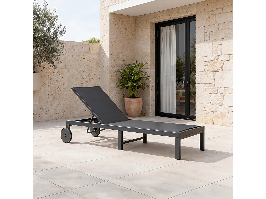 Bain de soleil de jardin et piscine Maui en aluminium et textilène anthracite, dossier inclinable multipositions