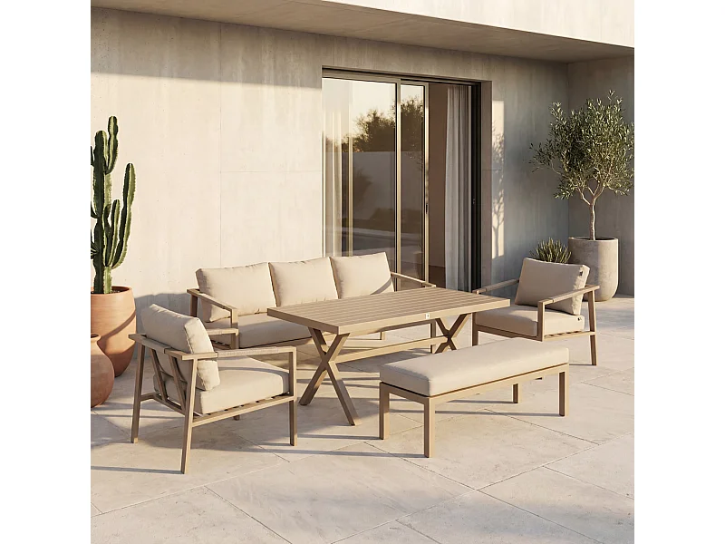 Ensemble de jardin Imola 7 places en aluminium couleur champagne et corde, avec canapé, 2 fauteuils, banc et table haute