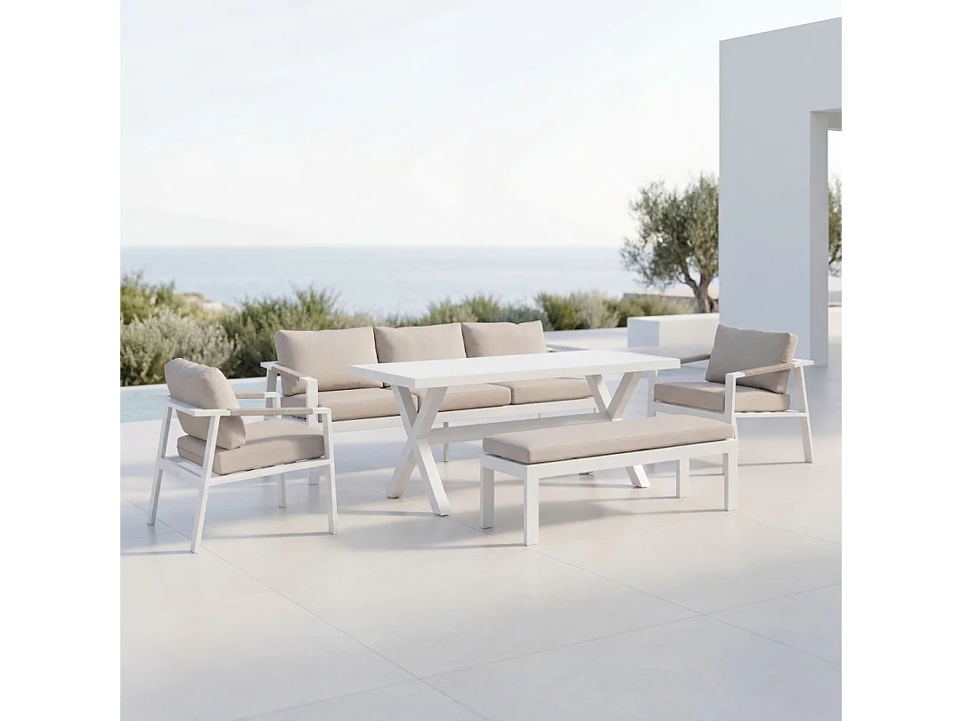 Ensemble de jardin Imola 7 places en aluminium blanc et corde, avec canapé, 2 fauteuils, banc et table haute