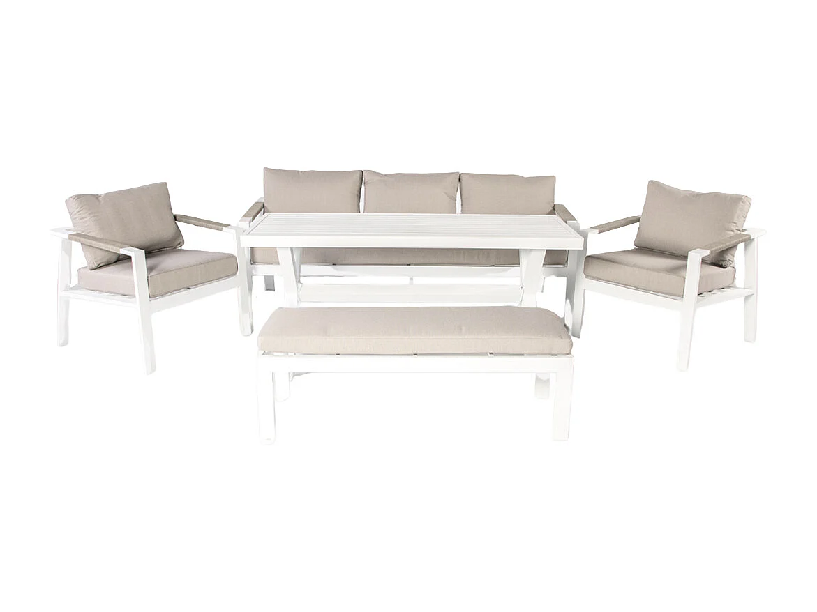 Ensemble de jardin Imola 7 places en aluminium blanc et corde, avec canapé, 2 fauteuils, banc et table haute