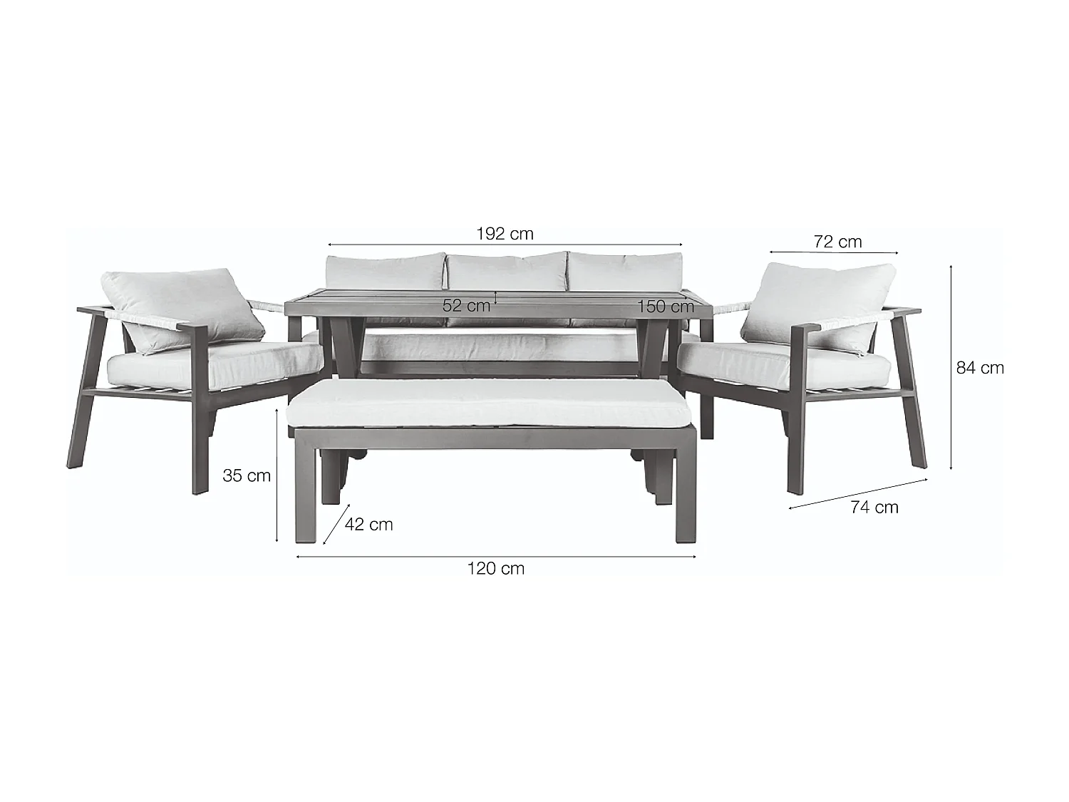 Ensemble de jardin Imola 7 places en aluminium blanc et corde, avec canapé, 2 fauteuils, banc et table haute