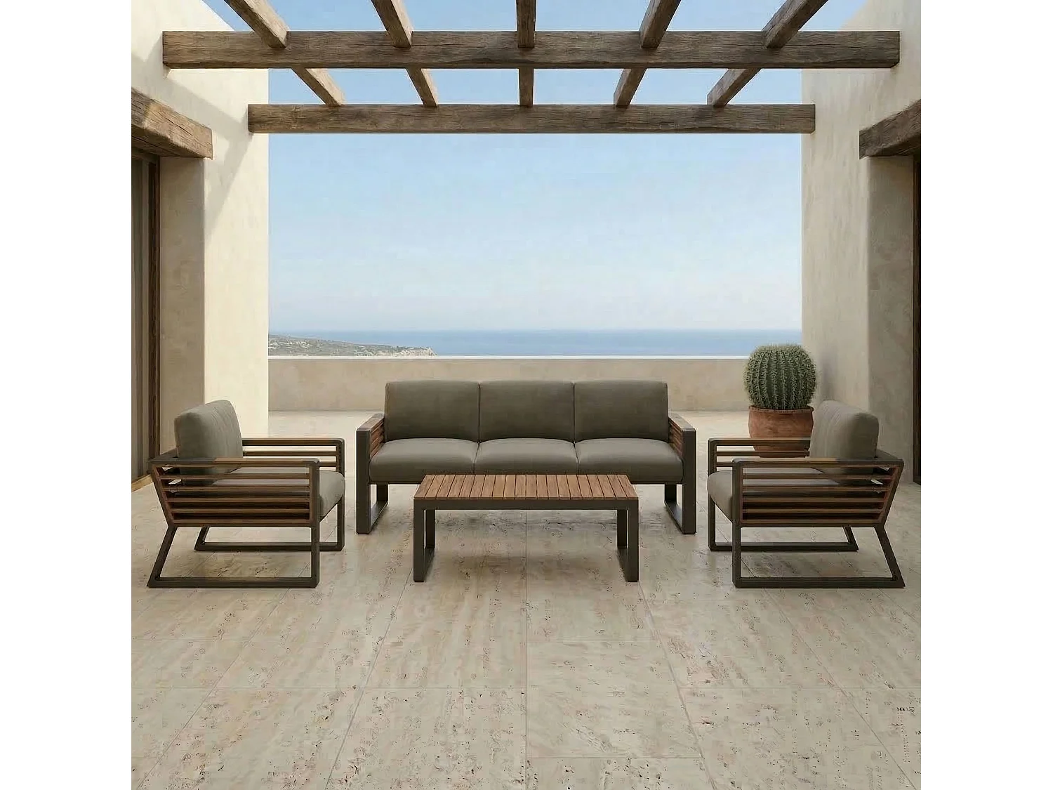 Ensemble de jardin Kenya 5 places en aluminium anthracite et polywood, avec canapé, 2 fauteuils et table basse