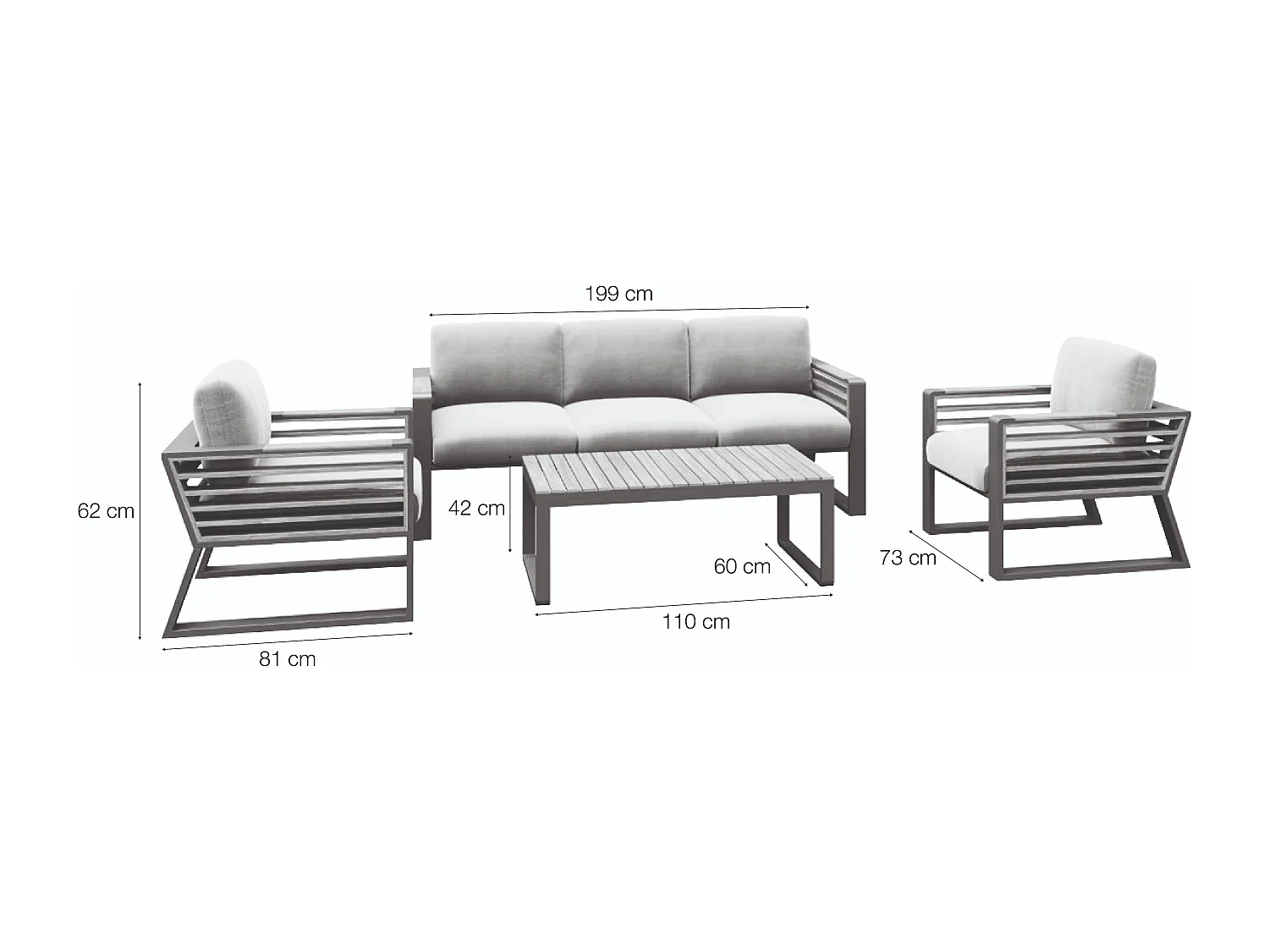 Ensemble de jardin Kenya 5 places en aluminium anthracite et polywood, avec canapé, 2 fauteuils et table basse