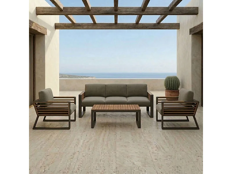 Ensemble de jardin Kenya 5 places en aluminium anthracite et polywood, avec canapé, 2 fauteuils et table basse