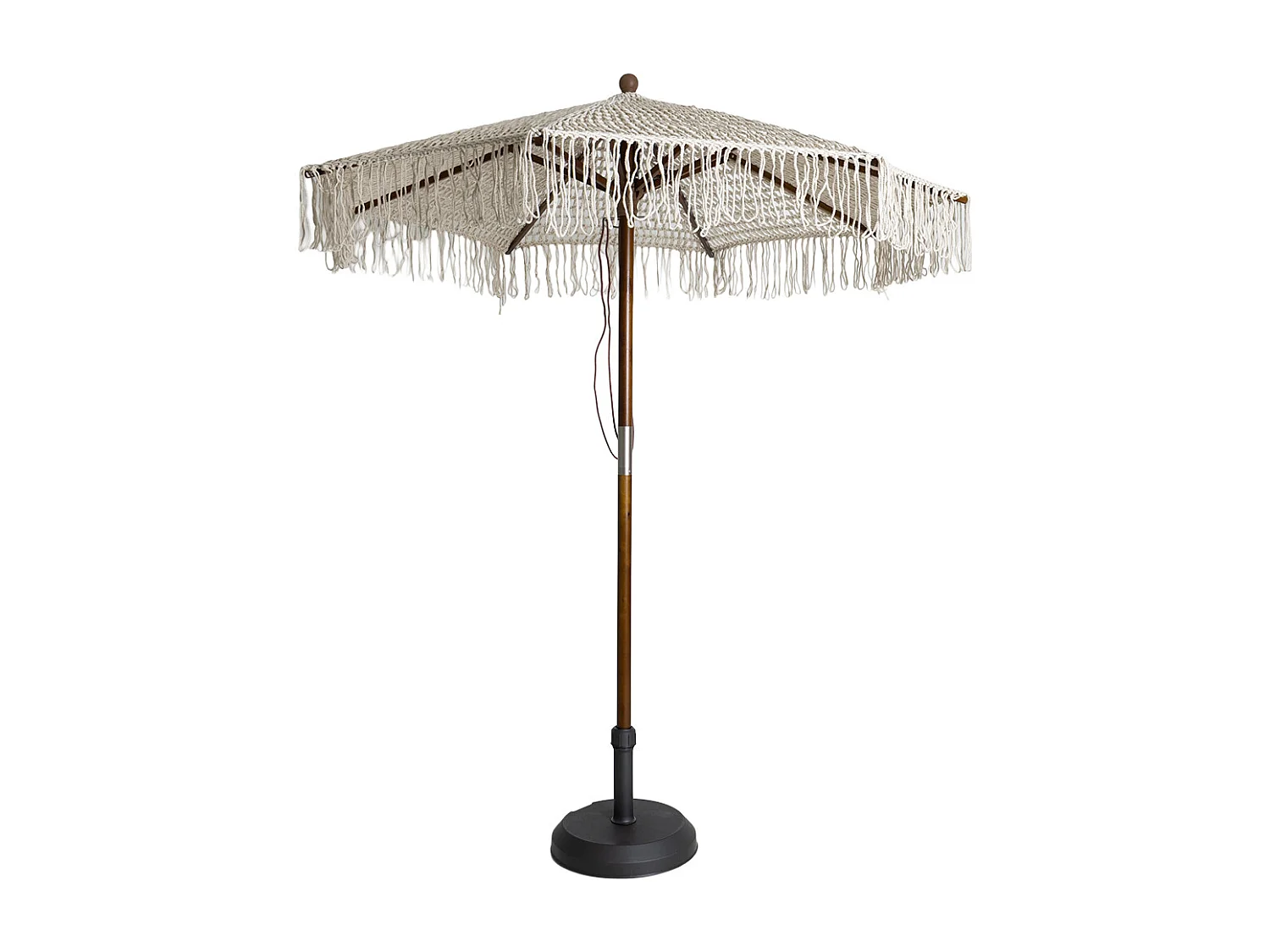 Parasol macramé Ø270 cm en coton beige avec structure en bois de teck