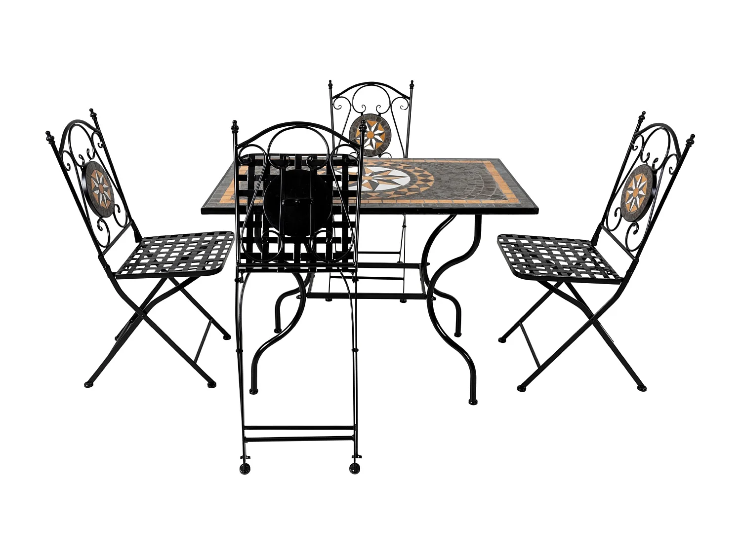 Ensemble de jardin 5 pièces avec table en mosaïque céramique et structure en fer noir. Inclut 4 chaises pliantes