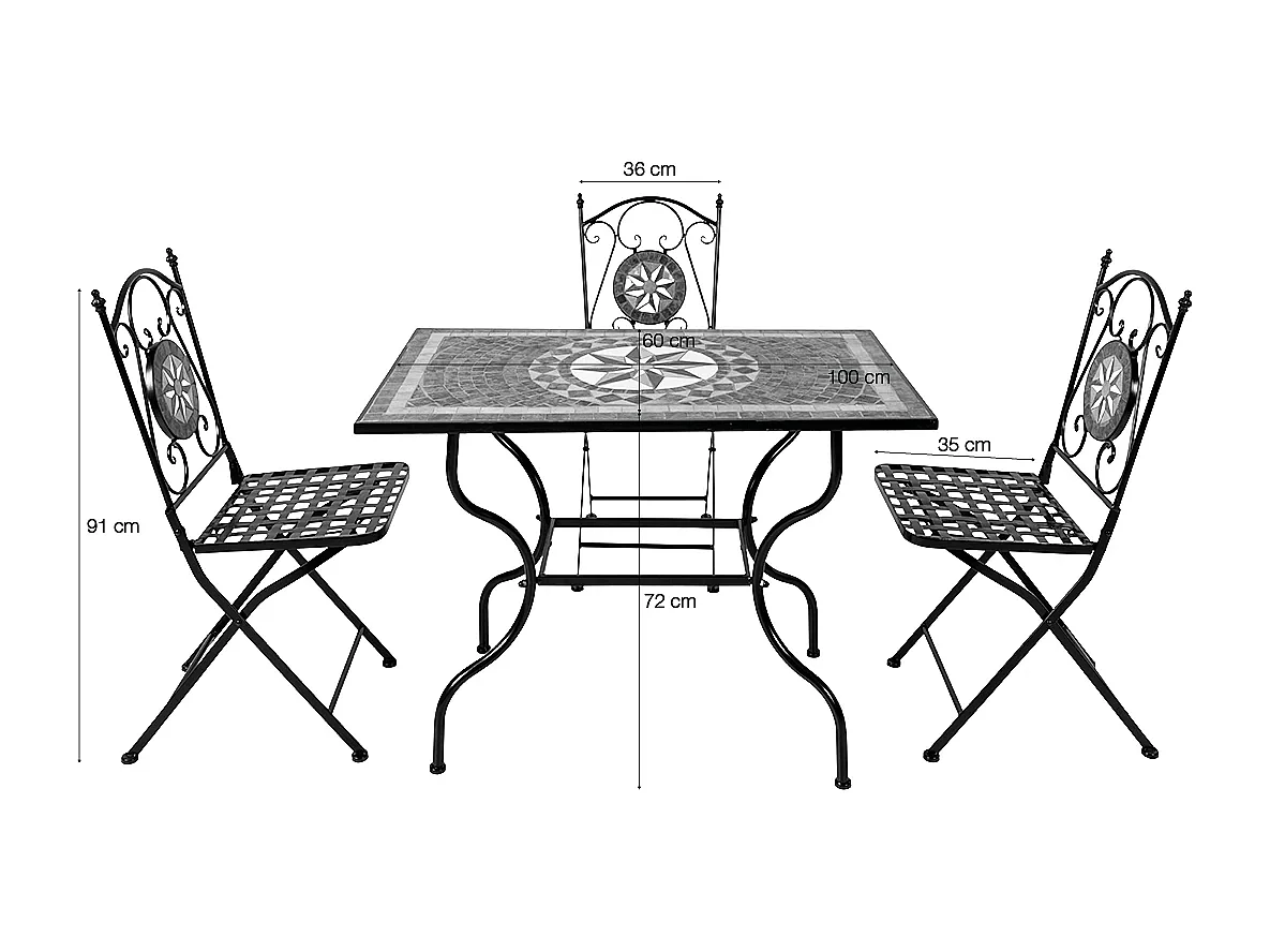 Ensemble de jardin 5 pièces avec table en mosaïque céramique et structure en fer noir. Inclut 4 chaises pliantes