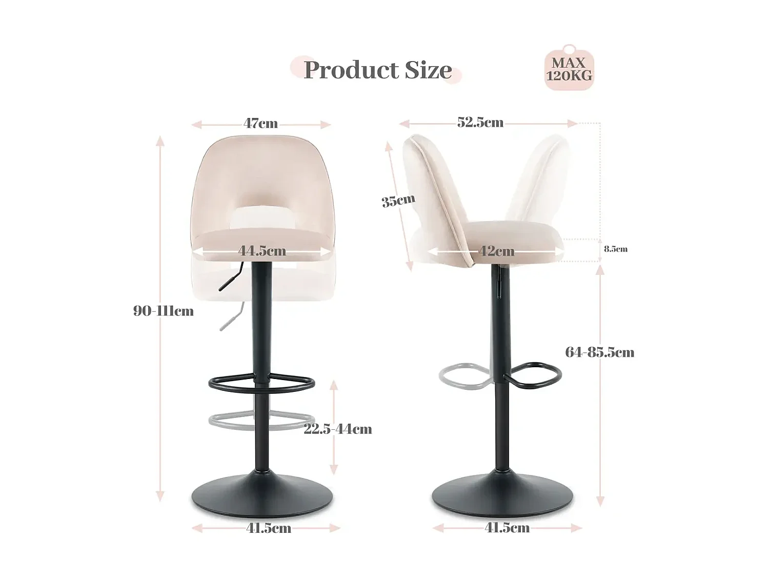 SONARA Set of 1 Adjustable Velvet Upholstered Breakfast Bar Stools