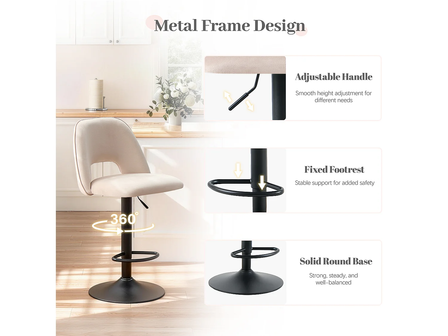 SONARA Set of 1 Adjustable Velvet Upholstered Breakfast Bar Stools