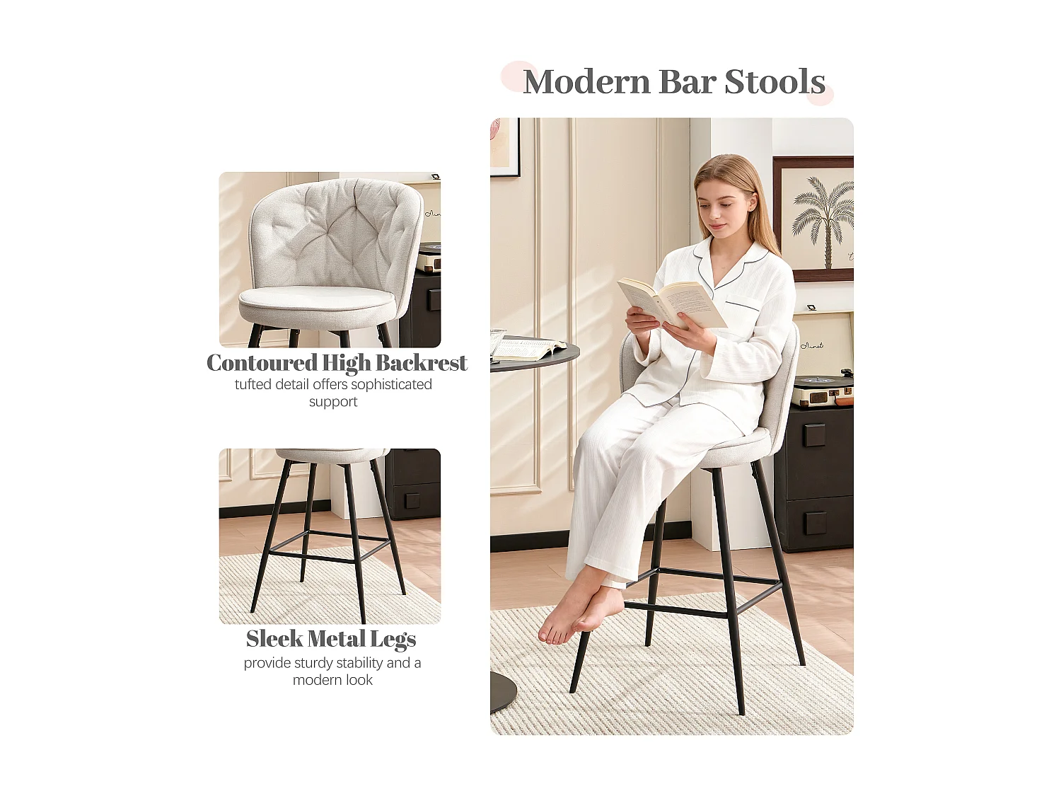 SONARA Set of 1 Blended Woven Fabric Counter Height Bar Stools with Backrest
