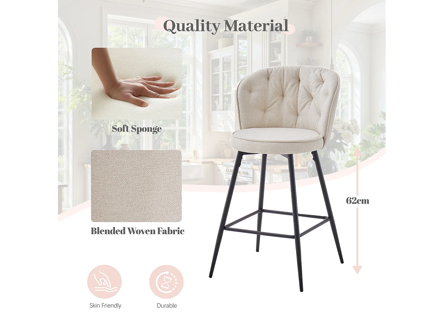 SONARA Set of 1 Blended Woven Fabric Counter Height Bar Stools with Backrest