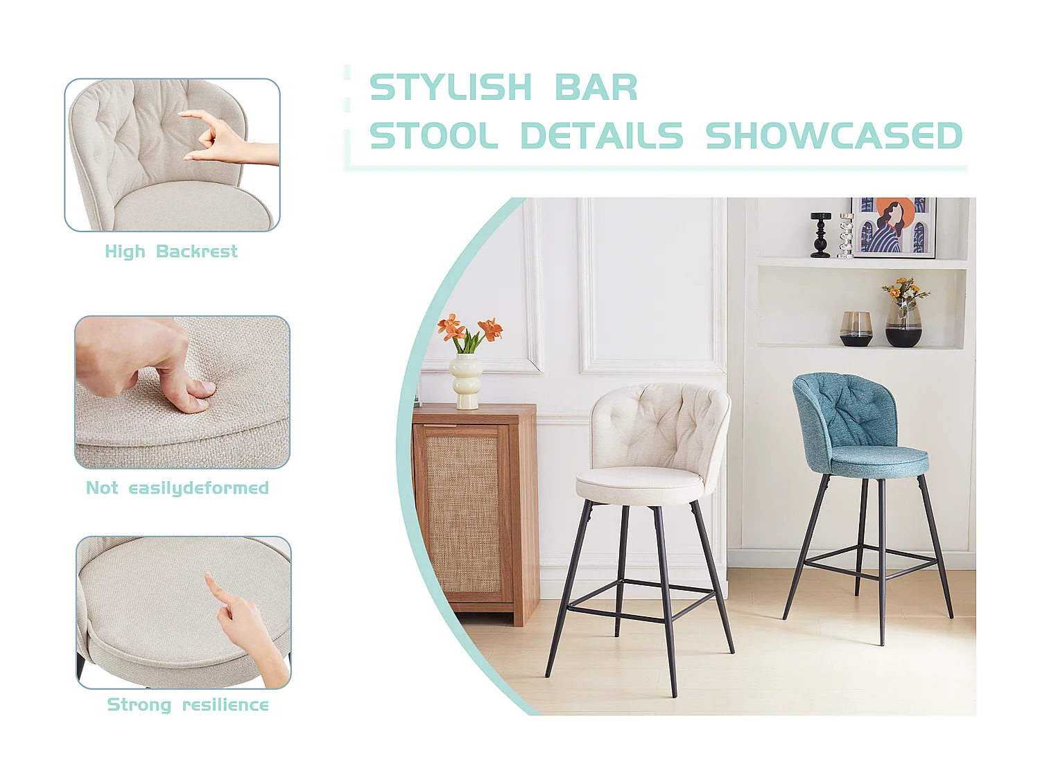 SONARA Set of 1 Blended Woven Fabric Counter Height Bar Stools with Backrest