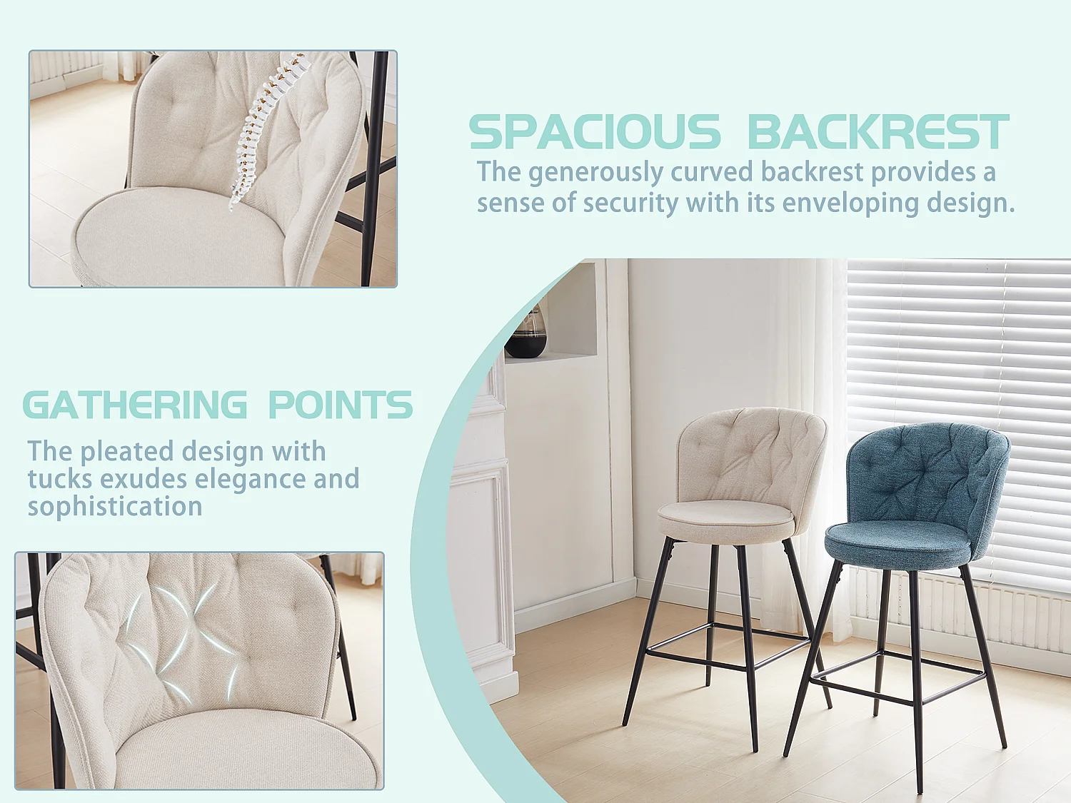 SONARA Set of 1 Blended Woven Fabric Counter Height Bar Stools with Backrest