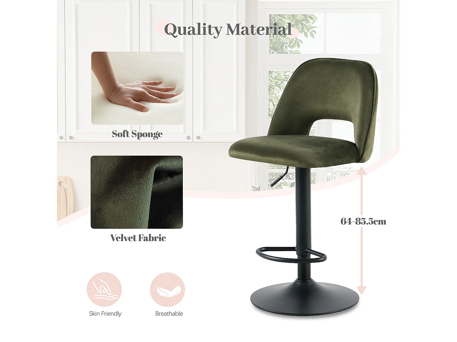 SONARA Set of 2 Adjustable Velvet Upholstered Breakfast Bar Stools