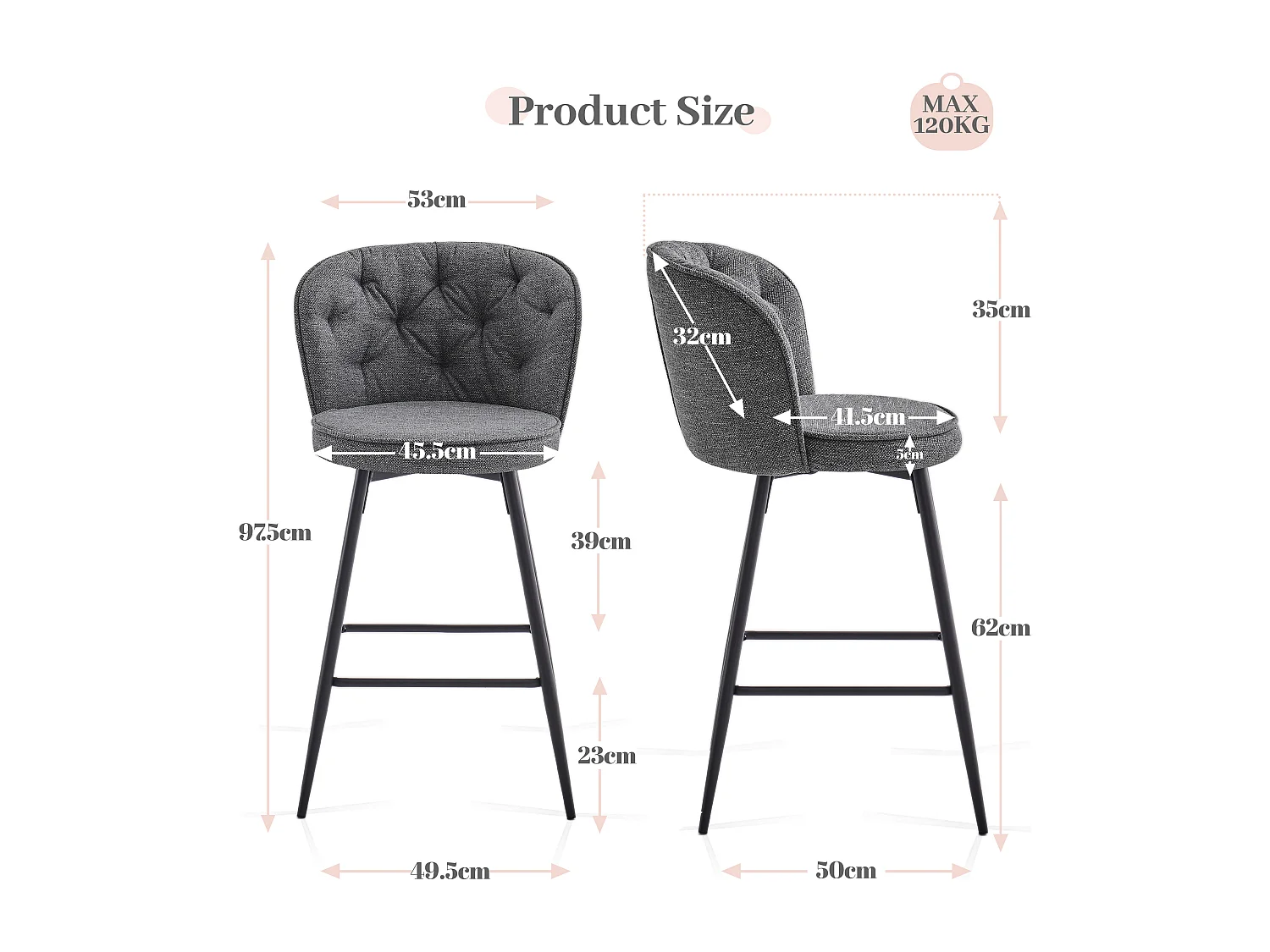SONARA Set of 2 Blended Woven Fabric Counter Height Bar Stools with Backrest