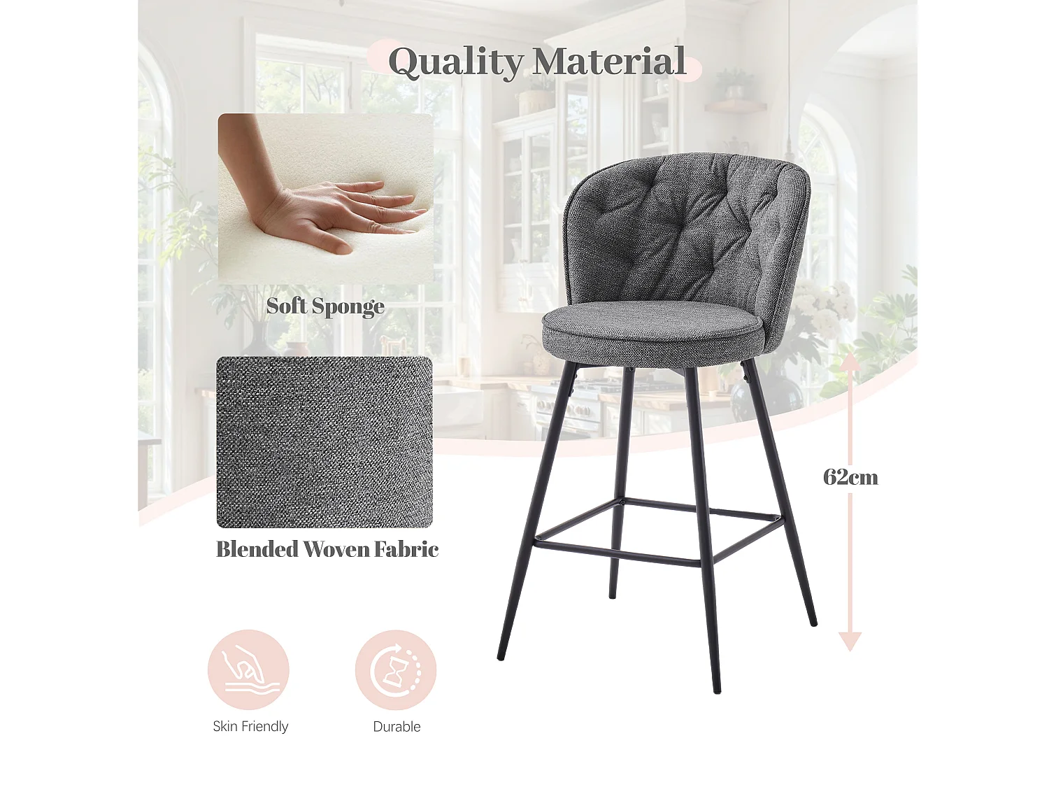 SONARA Set of 2 Blended Woven Fabric Counter Height Bar Stools with Backrest
