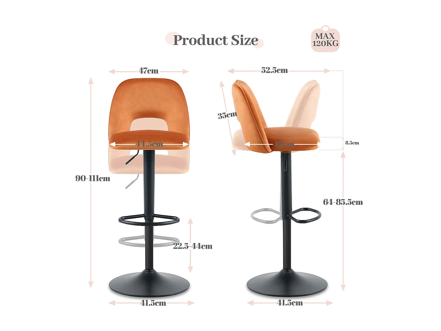 SONARA Set of 1 Adjustable Velvet Upholstered Breakfast Bar Stools