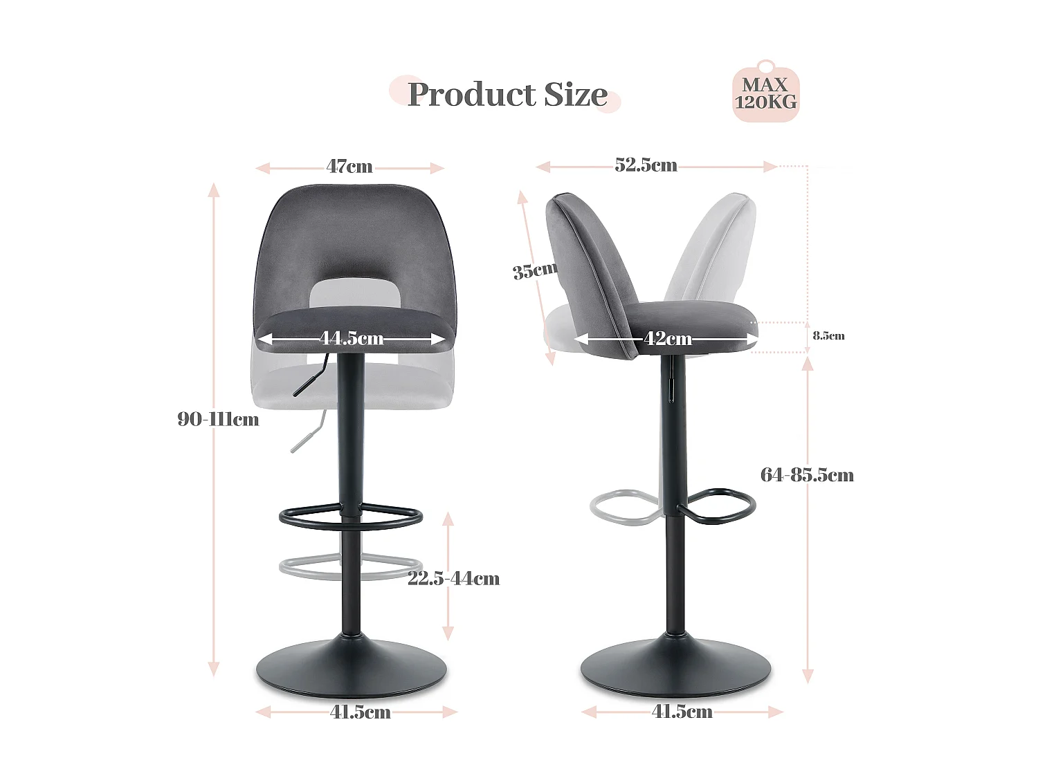 SONARA Set of 2 Adjustable Velvet Upholstered Breakfast Bar Stools