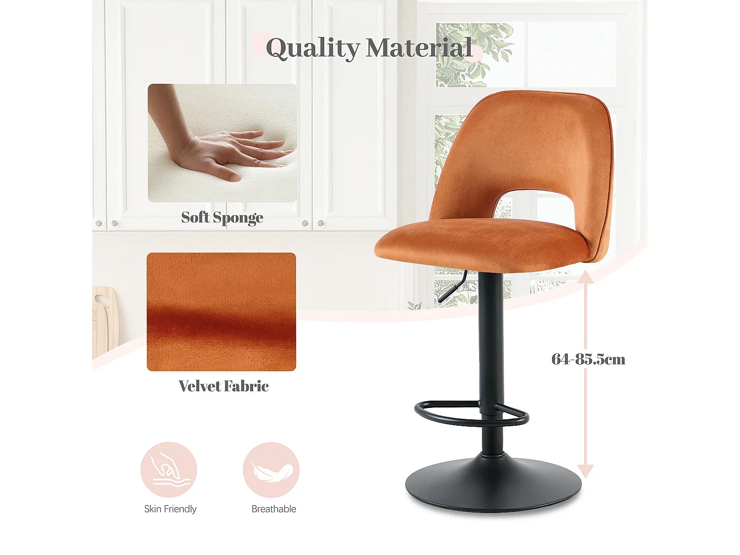 SONARA Set of 2 Adjustable Velvet Upholstered Breakfast Bar Stools