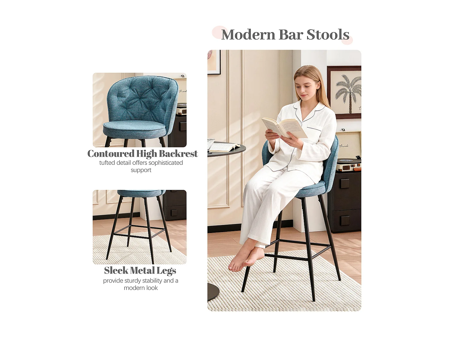SONARA Set of 1 Blended Woven Fabric Counter Height Bar Stools with Backrest