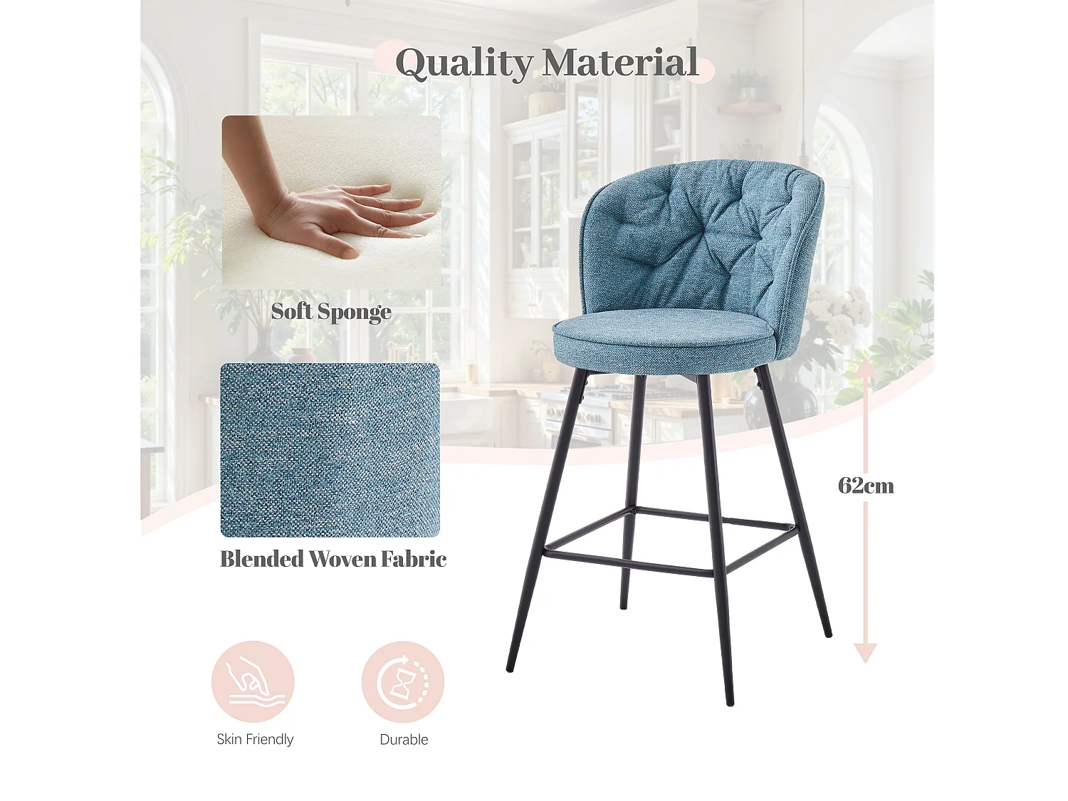 SONARA Set of 1 Blended Woven Fabric Counter Height Bar Stools with Backrest