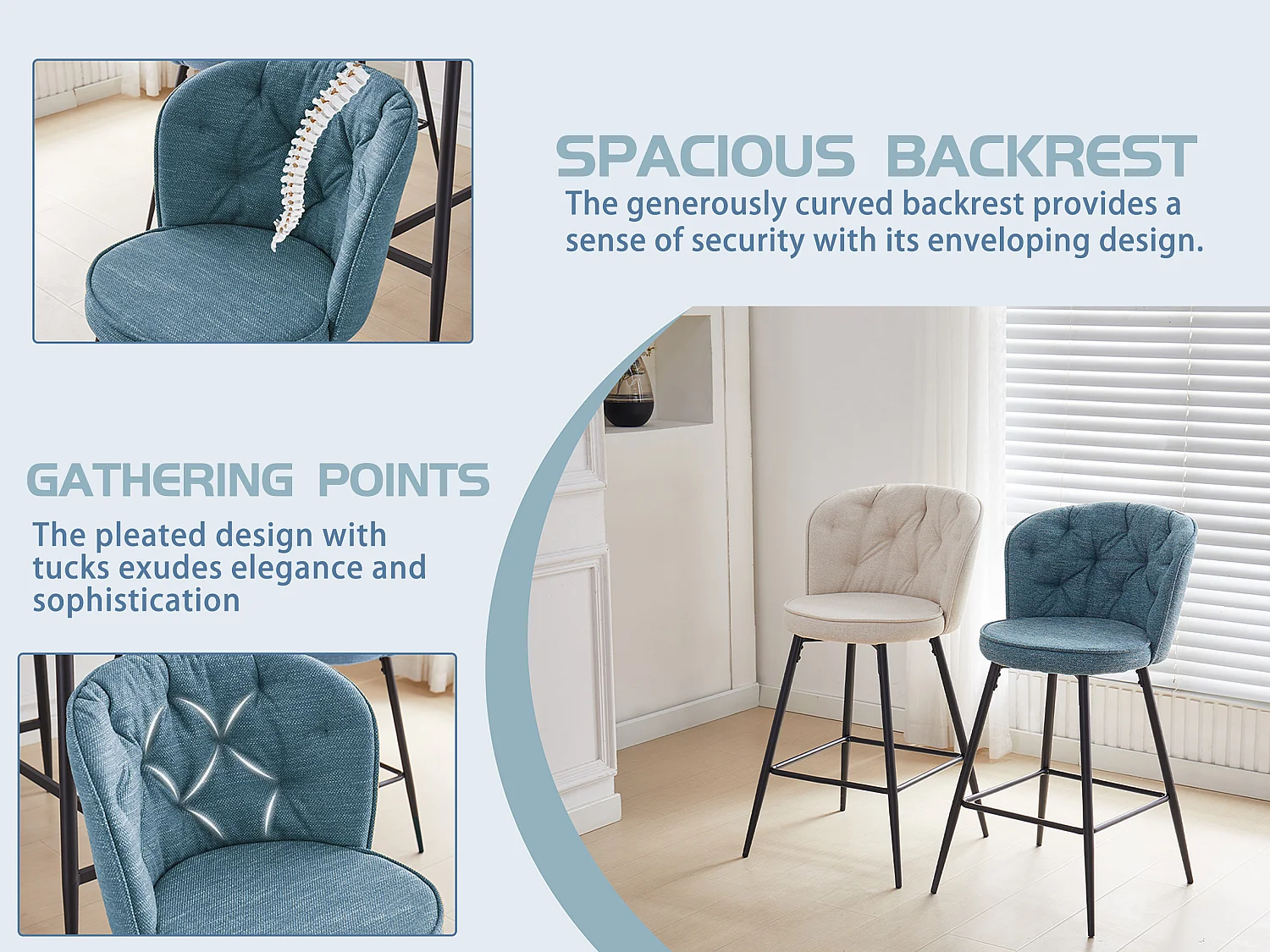 SONARA Set of 1 Blended Woven Fabric Counter Height Bar Stools with Backrest