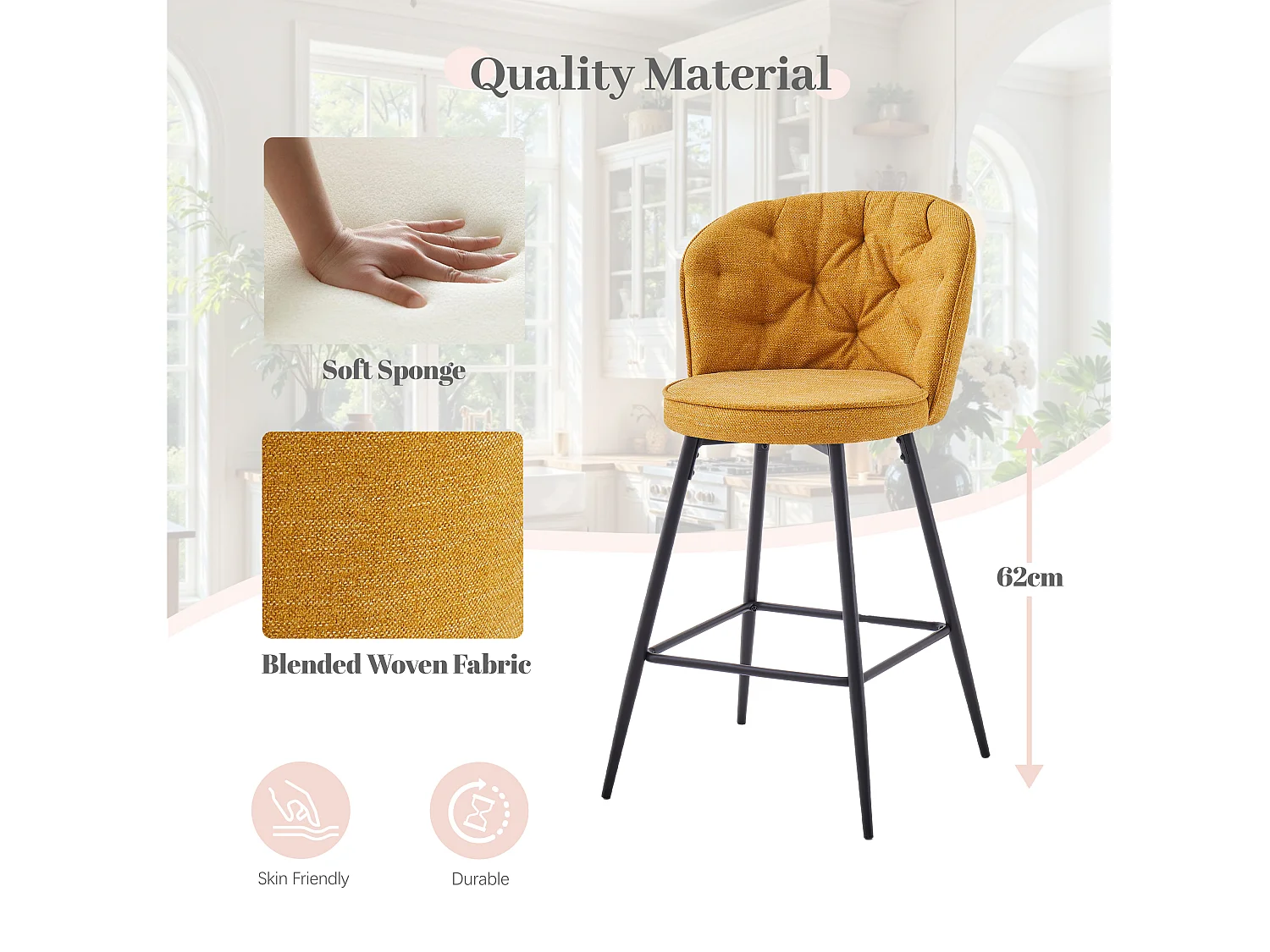 SONARA Set of 2 Blended Woven Fabric Counter Height Bar Stools with Backrest