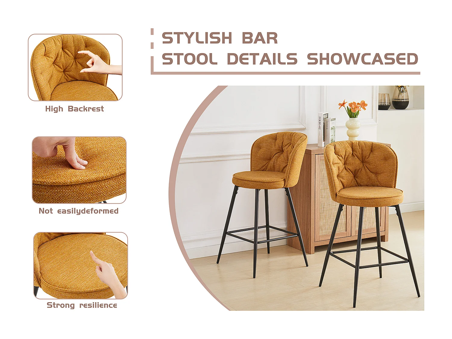 SONARA Set of 1 Blended Woven Fabric Counter Height Bar Stools with Backrest