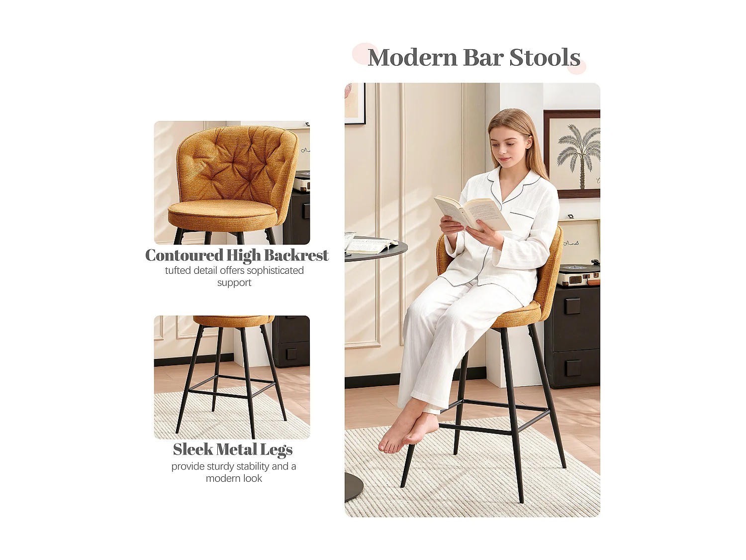 SONARA Set of 1 Blended Woven Fabric Counter Height Bar Stools with Backrest