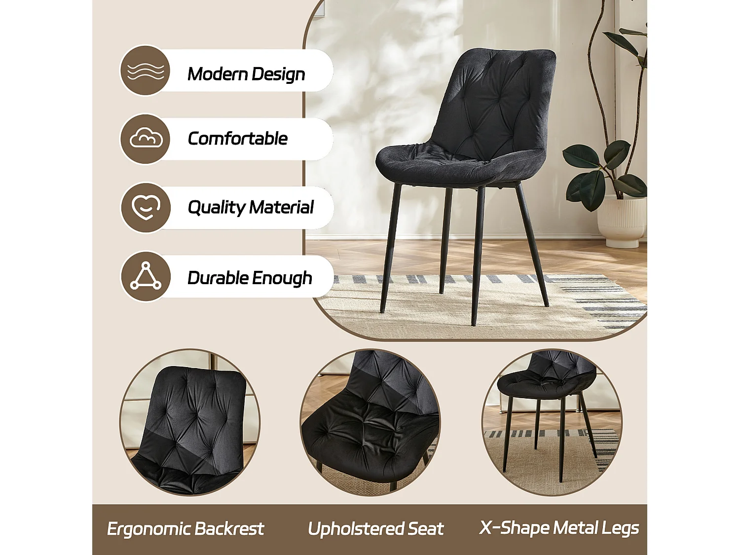 SONARA Modern Set of 2 Velvet Dining Chairs with Ergonomic Upholstered Seat