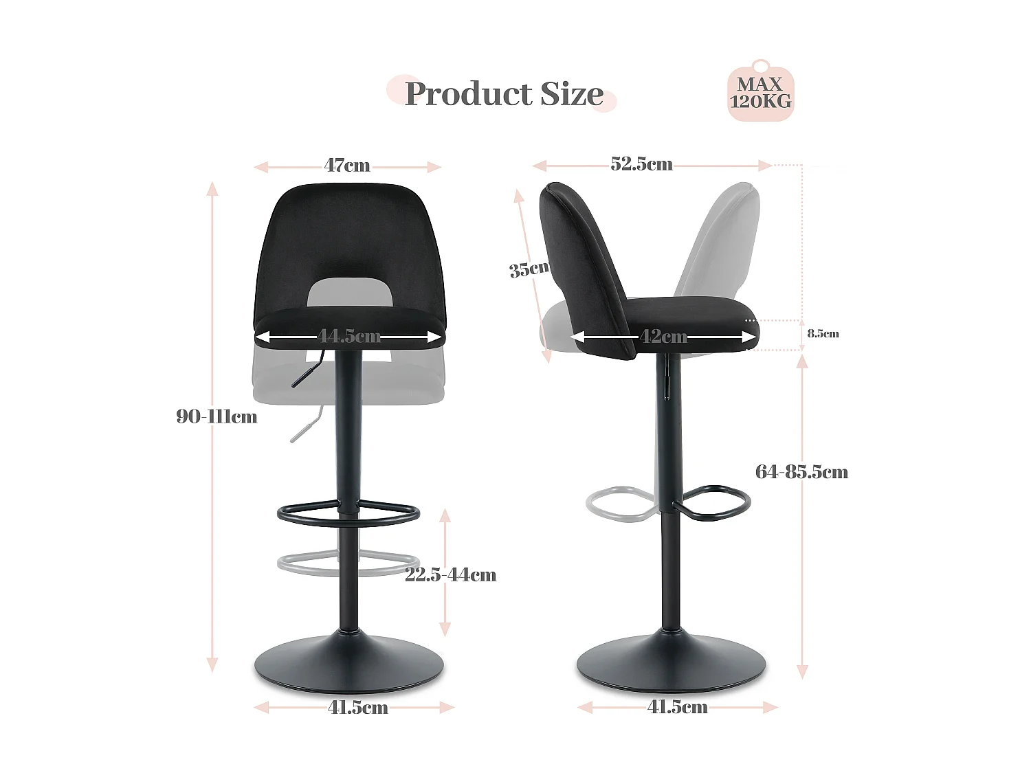 SONARA Set of 2 Adjustable Velvet Upholstered Breakfast Bar Stools