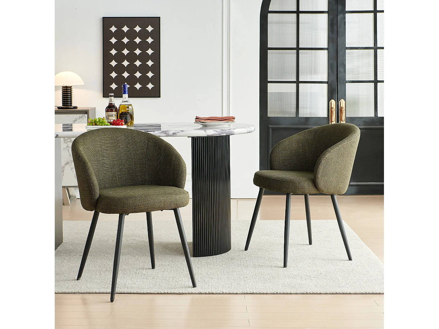 SONARA Modern Set of 2 Chunky Weave Fabric Ergonomic Dining Chairs with Arms