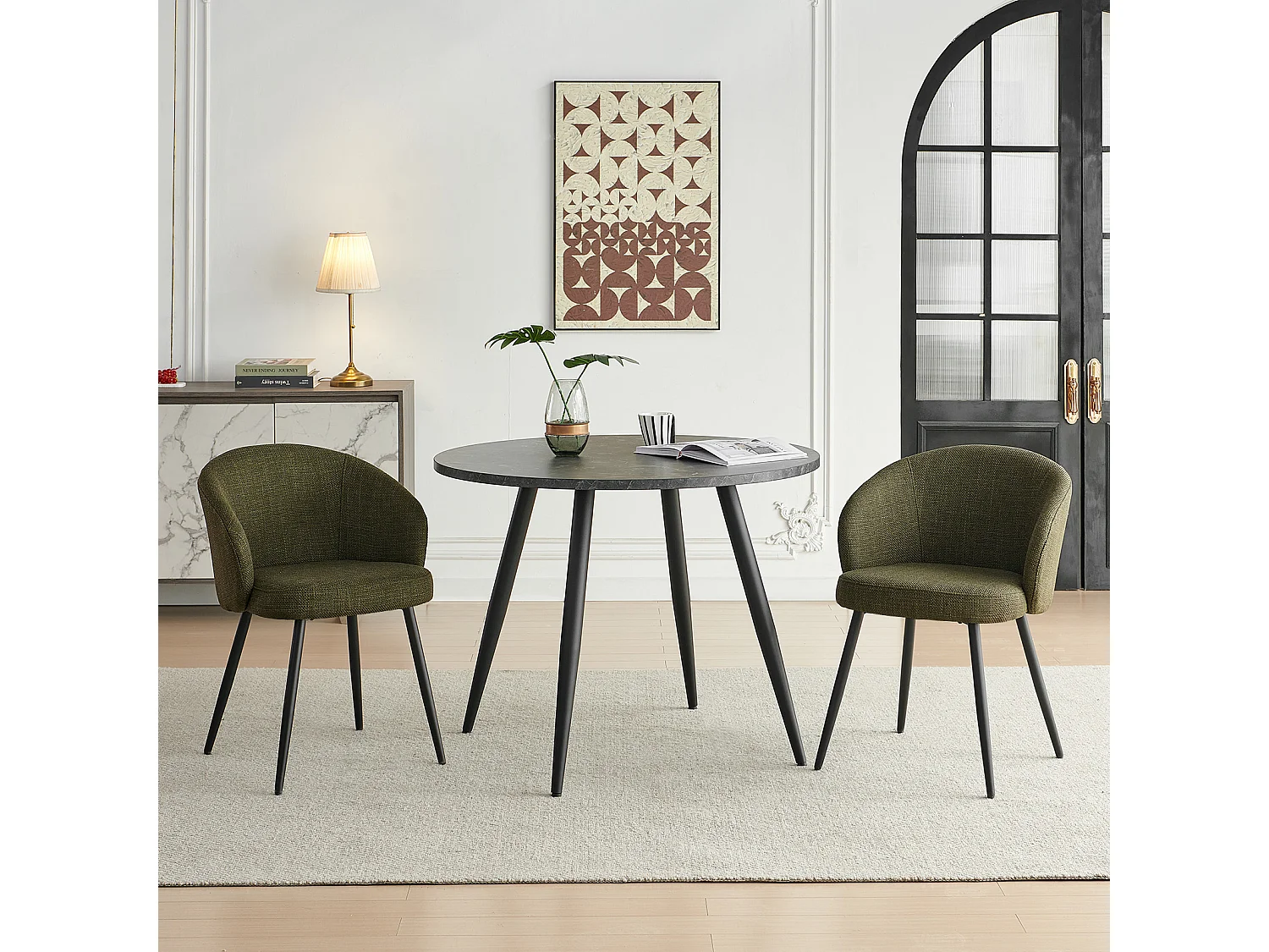 SONARA Modern Set of 2 Chunky Weave Fabric Ergonomic Dining Chairs with Arms