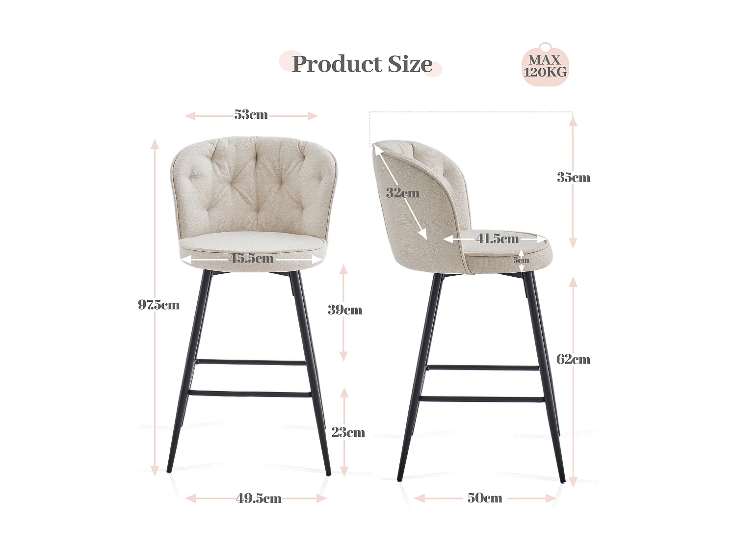 SONARA Set of 2 Blended Woven Fabric Counter Height Bar Stools with Backrest