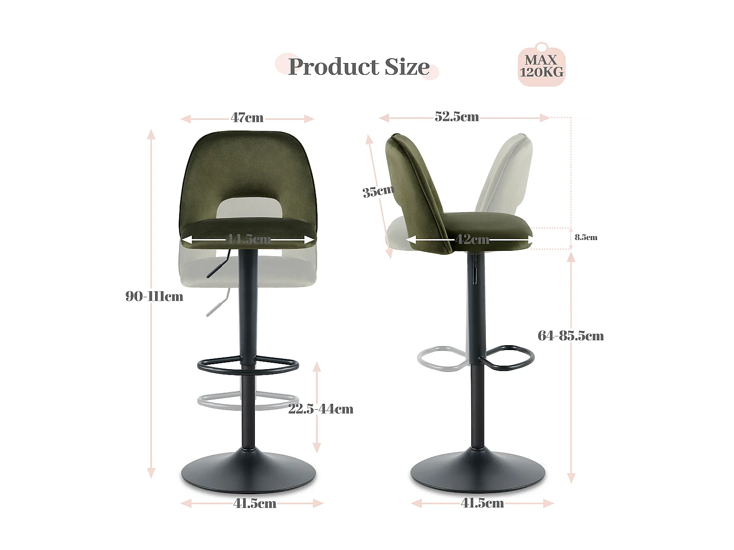 SONARA Set of 1 Adjustable Velvet Upholstered Breakfast Bar Stools