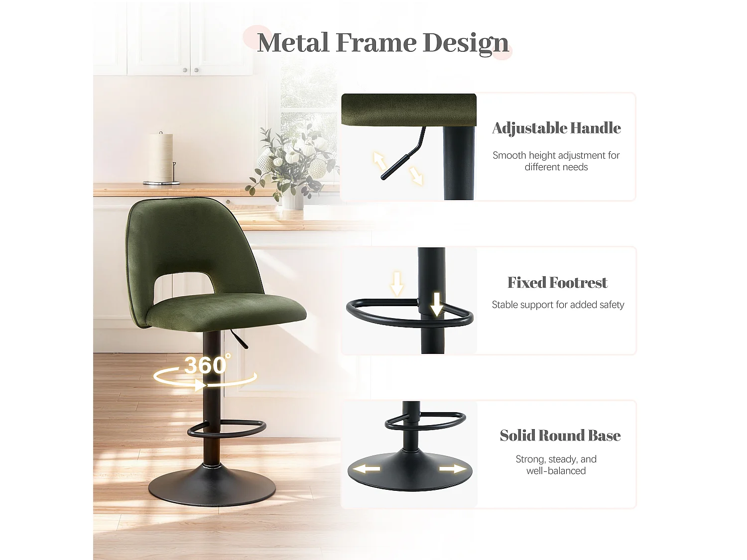 SONARA Set of 1 Adjustable Velvet Upholstered Breakfast Bar Stools