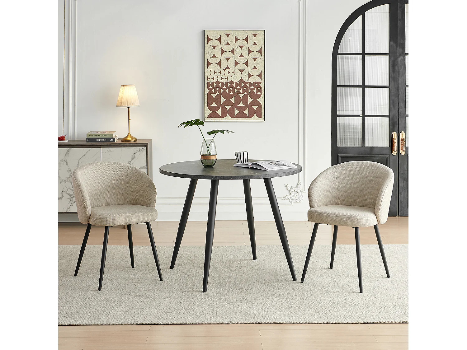 SONARA Modern Set of 2 Chunky Weave Fabric Ergonomic Dining Chairs with Arms