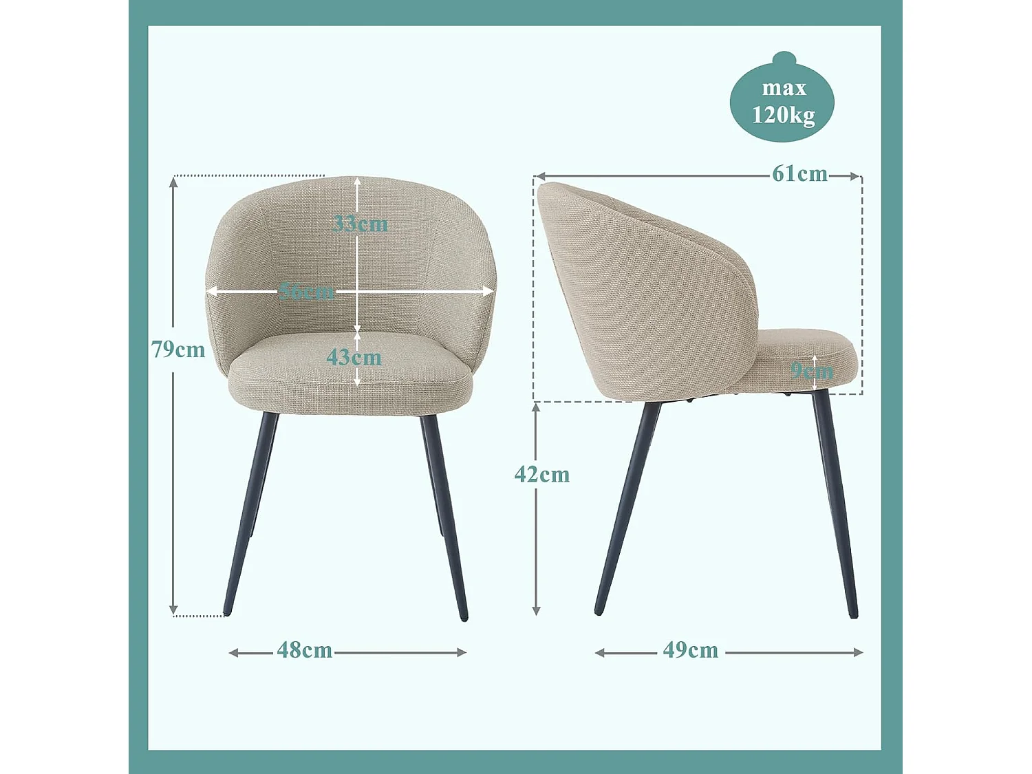 SONARA Modern Set of 2 Chunky Weave Fabric Ergonomic Dining Chairs with Arms