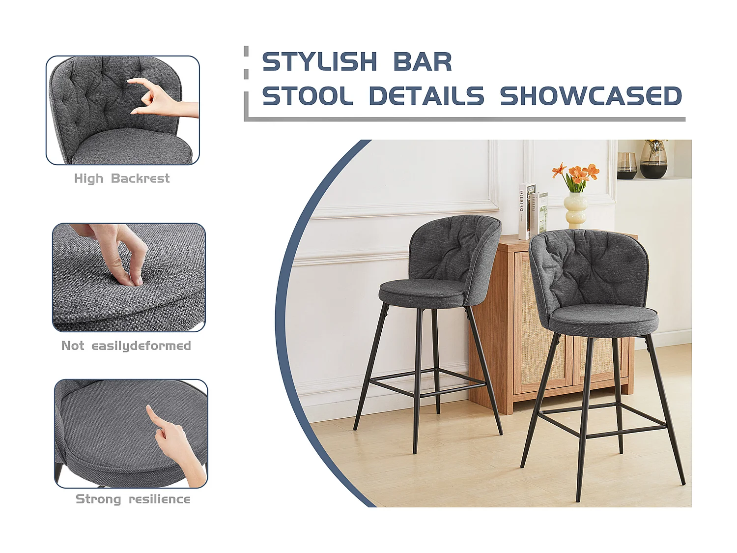 SONARA Set of 1 Blended Woven Fabric Counter Height Bar Stools with Backrest