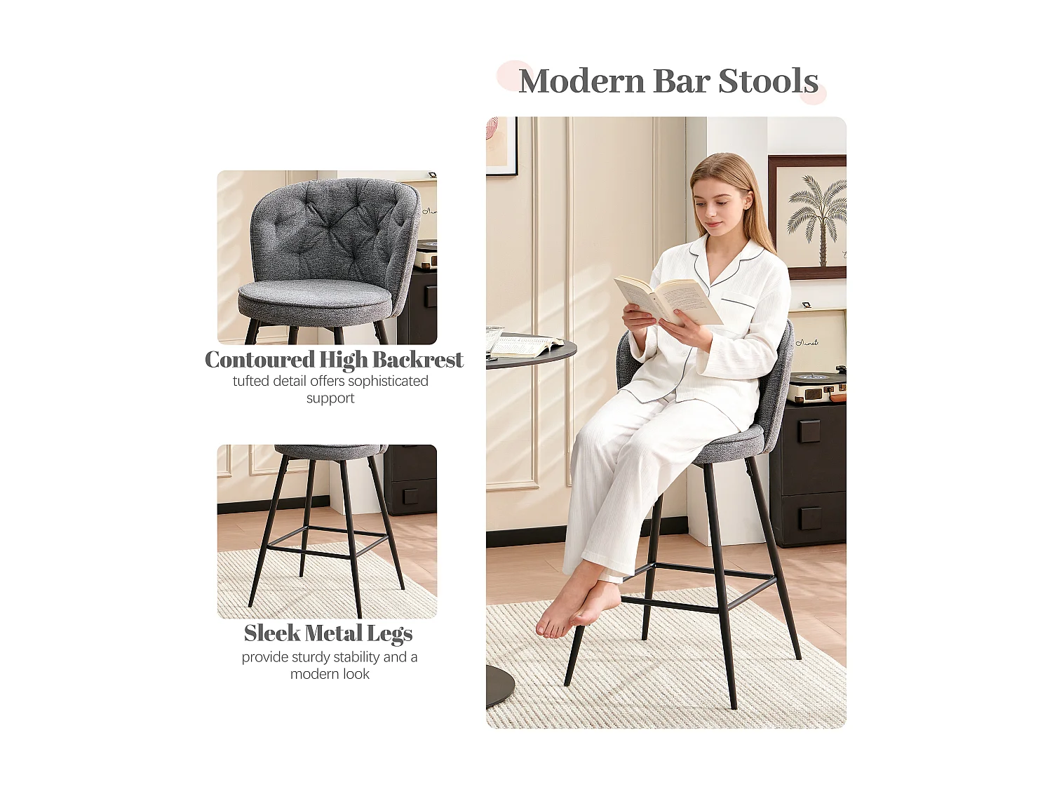 SONARA Set of 1 Blended Woven Fabric Counter Height Bar Stools with Backrest
