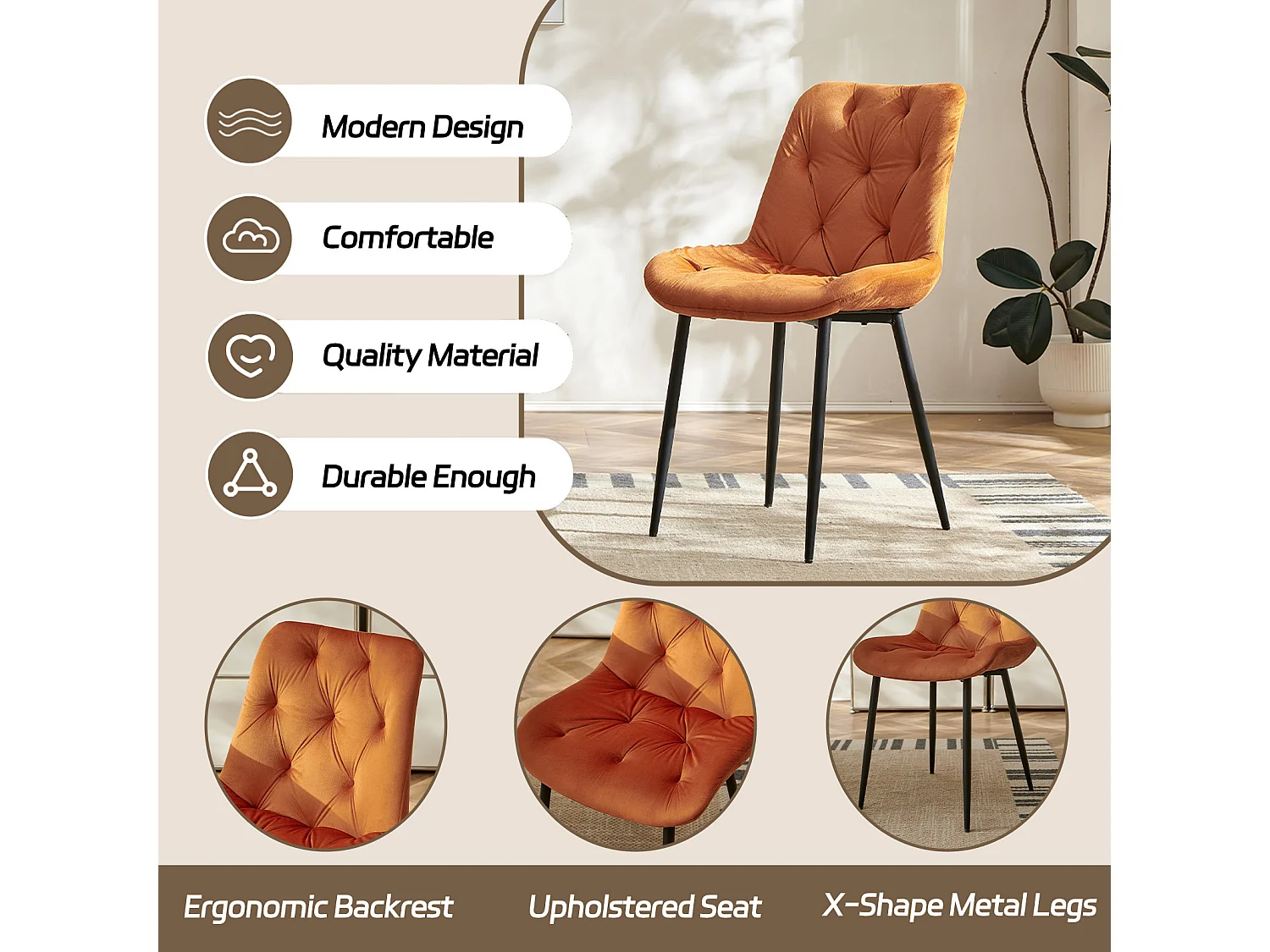 SONARA Modern Set of 2 Velvet Dining Chairs with Ergonomic Upholstered Seat