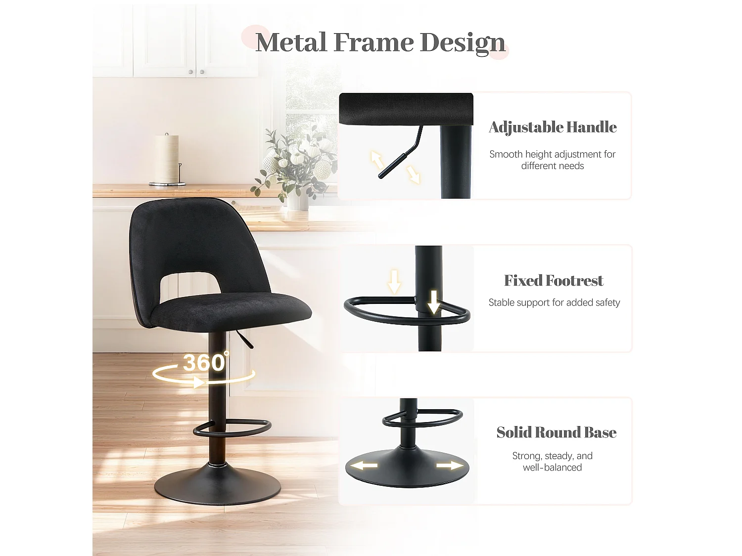 SONARA Set of 1 Adjustable Velvet Upholstered Breakfast Bar Stools